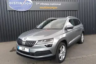 SUV Skoda Karoq gris en 3/4 avant droit, avec calandre noire et jantes alliage, stationné devant un mur noir.