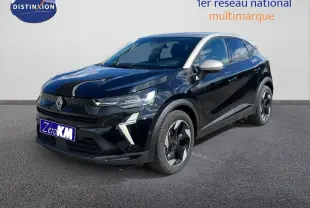 Renault Captur 2025 noir étoile métal avec toit gris, vue 3/4 avant mettant en valeur ses phares LED et jantes biton.