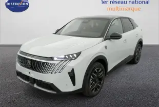 Peugeot 3008 Hybrid blanc Okenite avec toit noir, vue 3/4 avant droit, calandre et phares LED distinctifs.