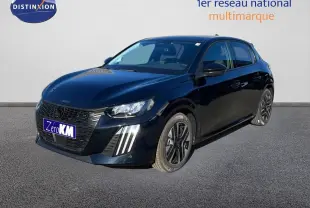 Peugeot 208 Hybrid 110ch noir perla metal vue 3/4 avant droit avec feux LED et jantes noires.
