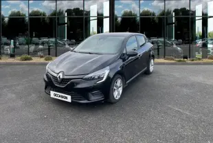 Renault Clio Business Blue dCi 100 ch noire vue en 3/4 avant droit sur parking devant bâtiment vitré.