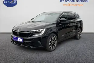 Renault Espace 2025 noir étoile métal en 3/4 avant droit avec feux LED et jantes alliage bicolores.