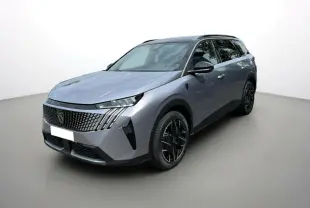 Peugeot 5008 Hybrid 145 GT Alcantara gris artense, vue 3/4 avant avec toit noir et jantes alu noires.
