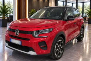 Citroën C3 ë-113 Berline Max 2025 rouge métal foncé vue 3/4 avant droit en intérieur showroom.