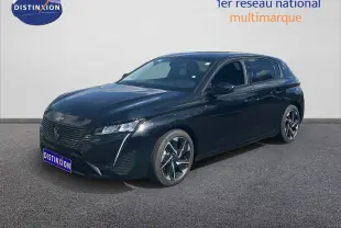 Peugeot 308 Hybrid noir métal vue 3/4 avant droit, avec jantes alliage et calandre distinctive.