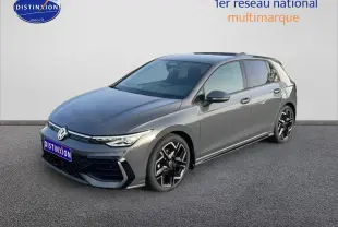 Volkswagen Golf 1.5 etsi evo2 150 R-Line gris vue 3/4 avant avec jantes alu noires distinctives.