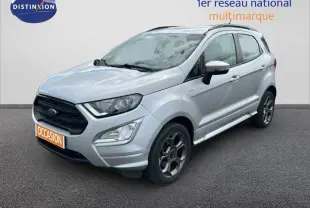 Vue 3/4 avant droit d'un Ford EcoSport gris clair avec jantes alliage et barres de toit visibles.