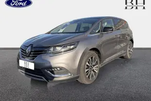 Renault Espace gris Cassiopée en 3/4 avant droit, mettant en valeur ses phares LED et jantes alliage distinctives.