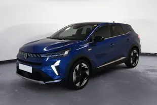 Renault Symbioz E-Tech Full Hybrid 145 Iconic 2025 en bleu iron, vue 3/4 avant avec feux LED en forme de V.