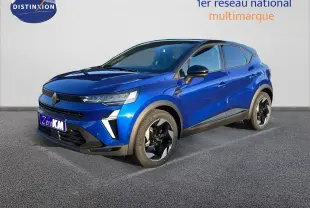 Renault Captur E-Tech hybride bleu iron métal avec toit noir, vue 3/4 avant droit mettant en valeur ses jantes noires.