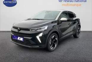Renault Captur E-Tech hybride noir étoile avec toit beige, vue 3/4 avant mettant en valeur ses feux LED distinctifs.
