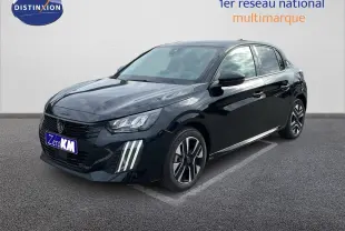 Peugeot 208 noir perla metal vue 3/4 avant droit avec feux LED et jantes alliage distinctives.
