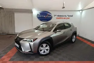 Lexus UX 250H gris clair en 3/4 avant droit, avec jantes alliage et protections noires autour des roues.
