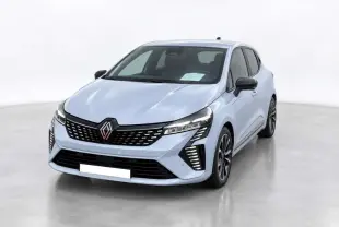 Renault Clio 2025 gris rafale vue 3/4 avant droit avec feux LED et jantes alu noires distinctives.