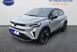 Renault Captur II gris Rafale métal avec toit noir, vue 3/4 avant droit, jantes noires et feux LED distinctifs.